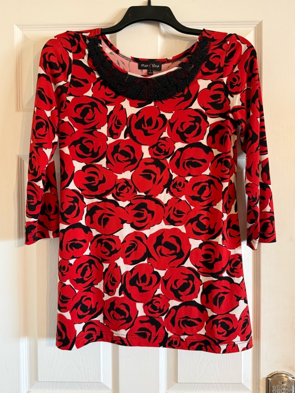 Max & Cleo Red and Black Beaded Neck Floral Top